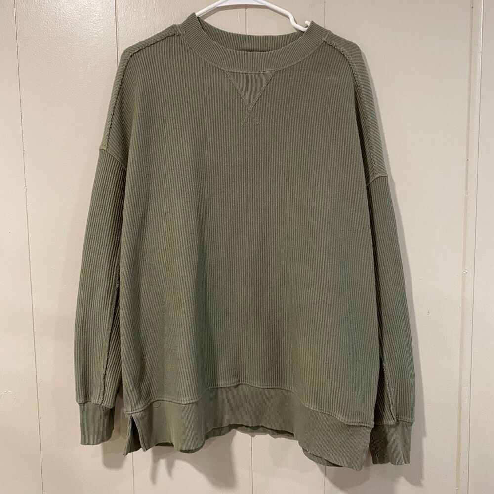 Aerie Ribbed Oversized Sweatshirt XS Green Crewneck Cozy Lounge Top
